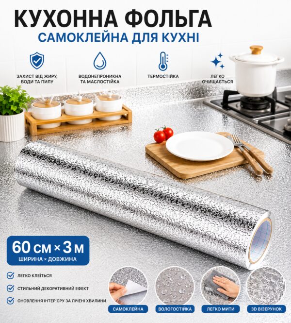 Кухонная фольга самоклеющаяся для кухни 60 см*3м/Алюминиевая пленка для кухонных поверхностей