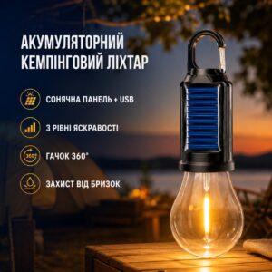 Аккумуляторный кемпинговый фонарь с крючком и USB / Лампа для кемпинга с солнечной панелью HA-112