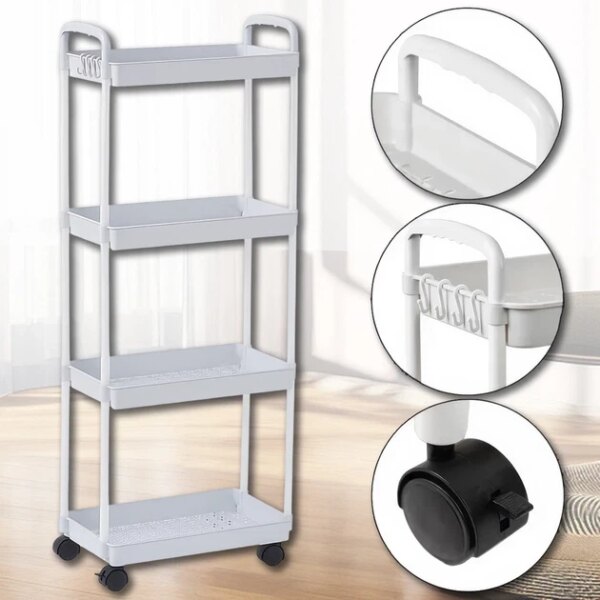 Этажерка на колесах 4 полки белая напольная Storage rack AN906