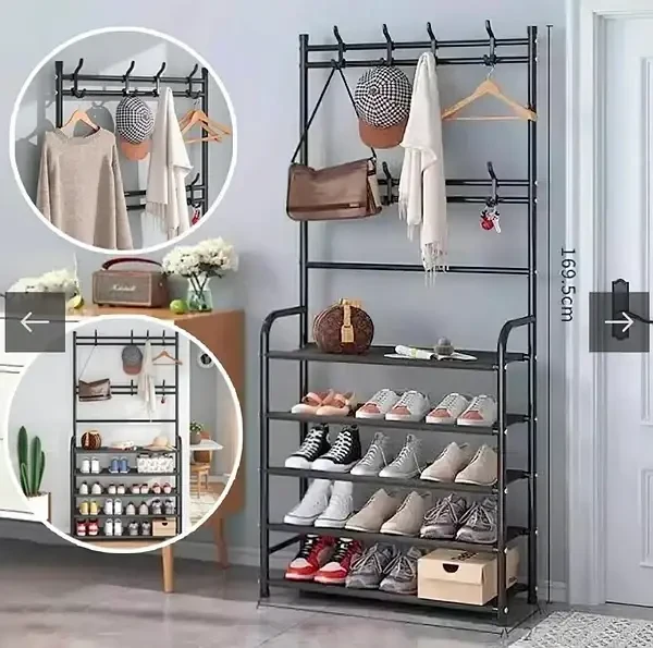 Напольная вешалка-органайзер NEW Simple Floor Clothes для одежды и обуви с полками и крючками, металлическая, чёрная