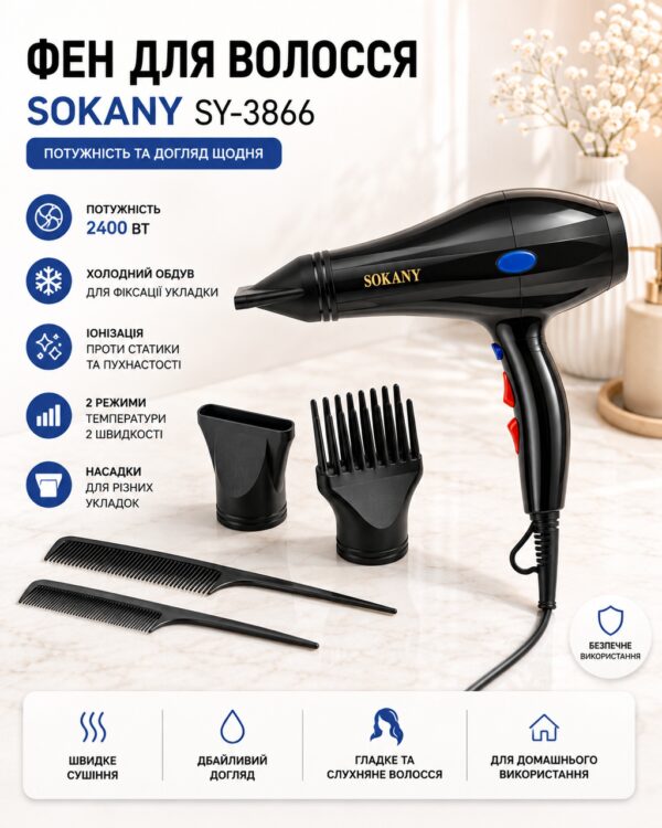 Фен для волос 2400 Вт + 2 насадки и 2 расчёски, SOKANY SY-3866, Черный / Фен для укладки / Фен для сушки волос