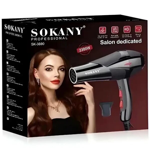 Фен для волос Sokany HS-3890, 2300 Вт, с ионизацией, диффузором и концентратором / Профессиональный фен для сушки и укладки волос