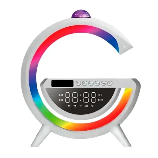 Настольная RGB лампа с колонкой, дискослой и беспроводной зарядкой, BT 3402, Белая / Умная лампа ночник / Смарт лампа