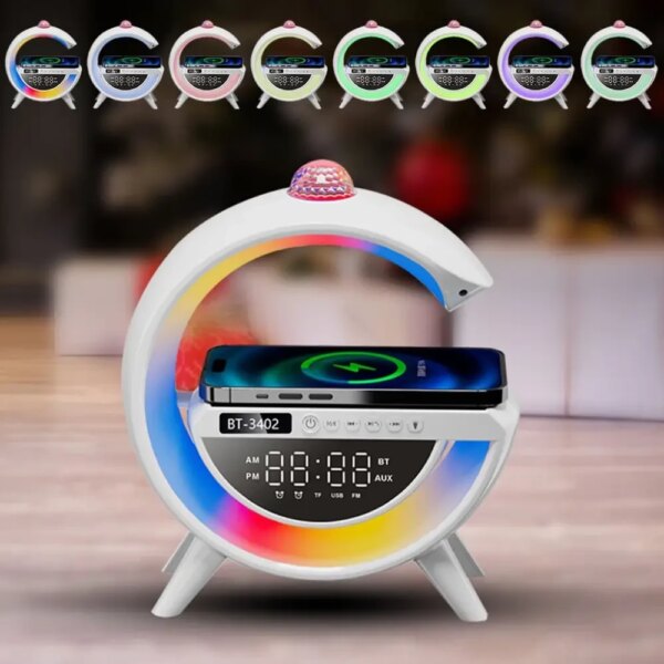 Настольная RGB лампа с колонкой, дискослой и беспроводной зарядкой, BT 3402, Белая / Умная лампа ночник / Смарт лампа