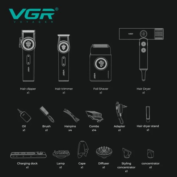 Набор VGR STEPLERSS PRO 4 IN 1 BLACK, машинка для стрижки, триммер, электробритва, фен