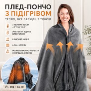 Плед с подогревом 150×85см (3 режима), 40-60°C, LY-751  от USB, Серый / Электроодеяло / Одеяло с подогревом