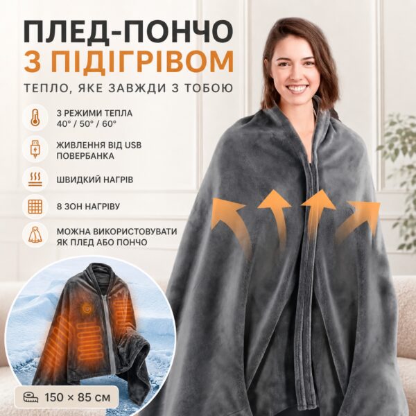 Плед с подогревом 150×85см (3 режима), 40-60°C, LY-751 от USB, Серый / Электроодеяло / Одеяло с подогревом