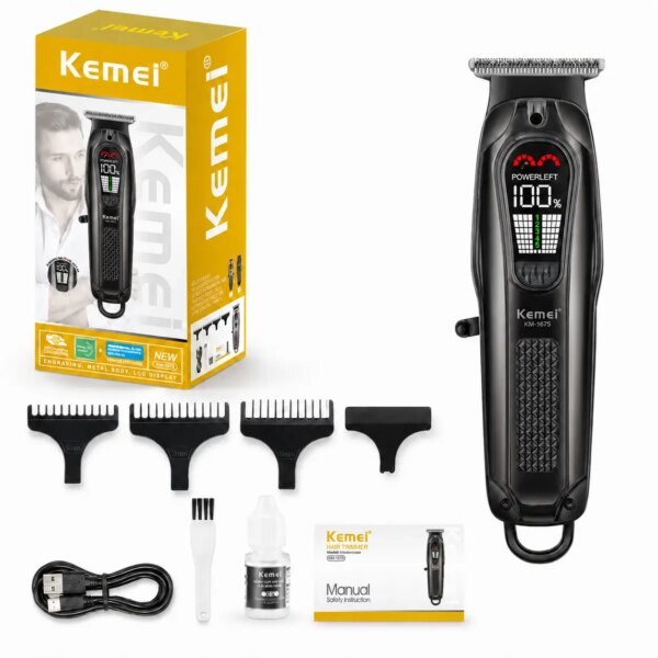 Машинка для стрижки, 4 насадки, USB-C, Kemei KM-1675, Черный / Аккумуляторная машинка для стрижки волос