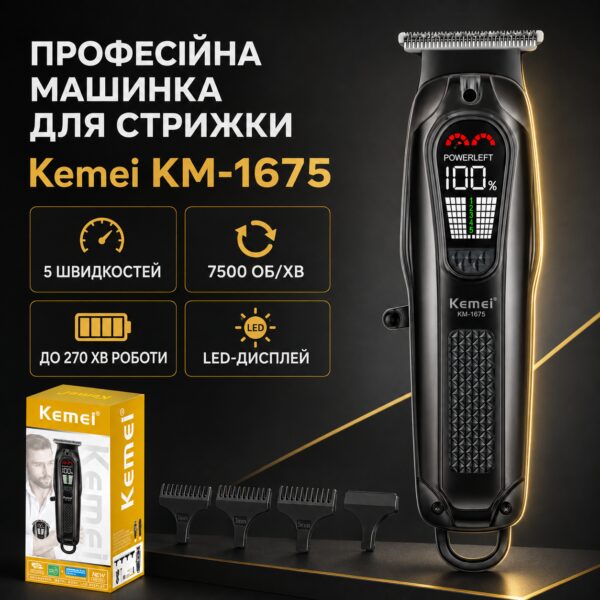 Машинка для стрижки, 4 насадки, USB-C, Kemei KM-1675, Черный / Аккумуляторная машинка для стрижки волос