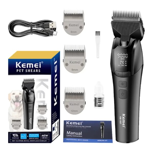 Триммер для животных, LED, USB-C, Kemei KM-1857, Черный / Беспроводная машинка для стрижки собак / Машинка для груминга