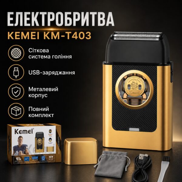 Беспроводная бритва для мужчин, USB-C, Kemei KM-T409, Золотистый / Аккумуляторная мужская электробритва для бритья / Шейвер