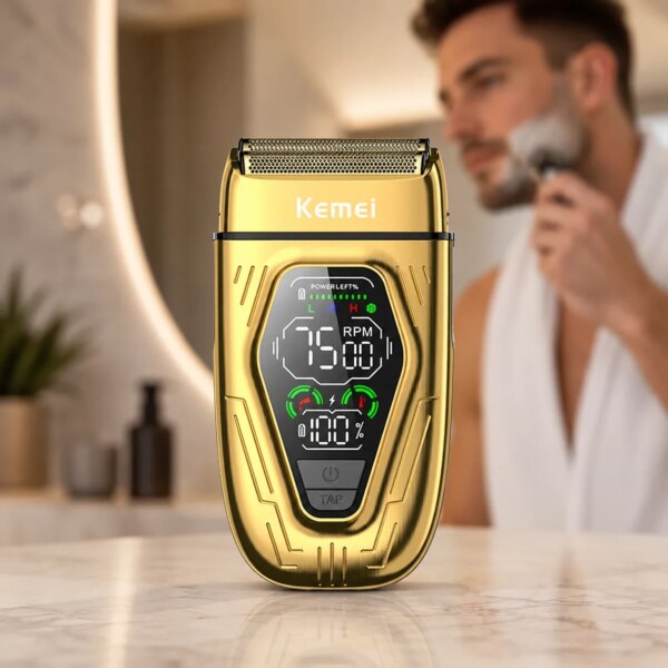 Электробритва мужская Kemei KM-T360 с двумя плавающими сеточными головками, 3 скоростями и LCD-дисплеем, корпус из цинкового сплав