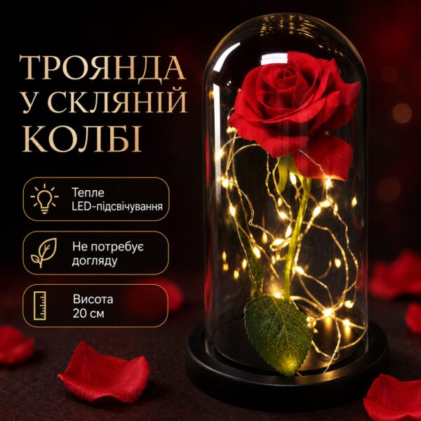Роза в колбе с LED подсветкой 20 см, Красная, на батарейках / Ночник Вечная роза / Цветок в колбе