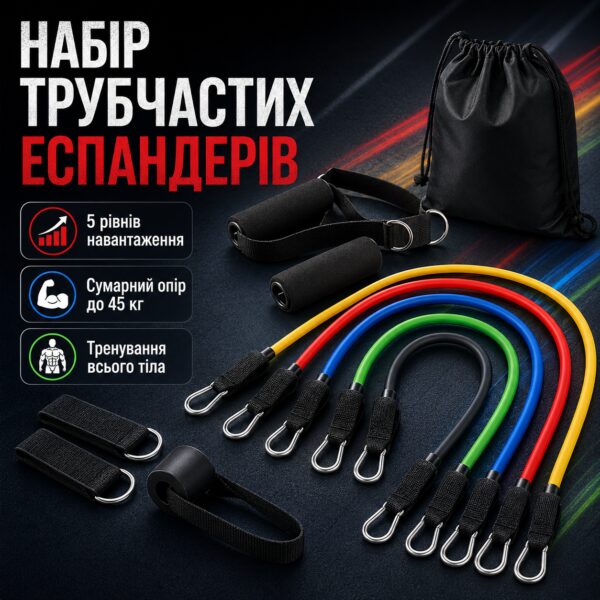 Набор трубчатых эспандеров для фитнеса 5 штук XL-1168 / Многофункциональный комплект.