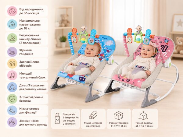 Качалка для детей Розовая / Шезлонг-качели детские музыкальные / Колыбель для малышей