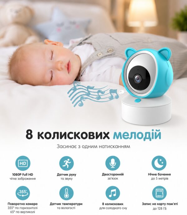 Видеоняня C8 WiFi с экраном 5 дюймов / Видеоняня управления со смартфона, датчик звука, движения, ночное видение