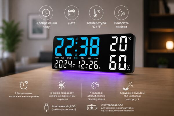 Часы настенные GH9002 / Цифровые настенные, настольные LED-часы / Часы + календарь, температура, влажность