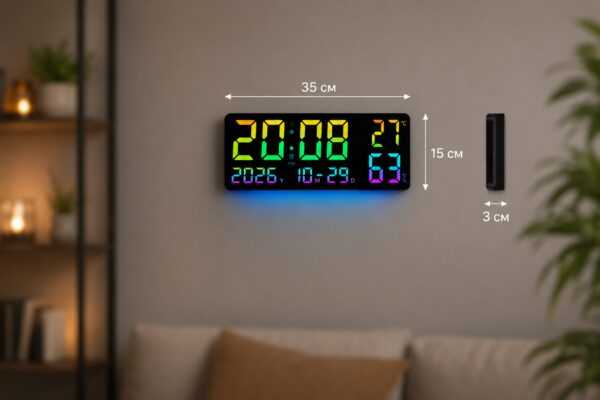Часы GH0750 RGB настенные, настольные / часы с пультом на USB / Часы календарь, будильник, t°, влажность