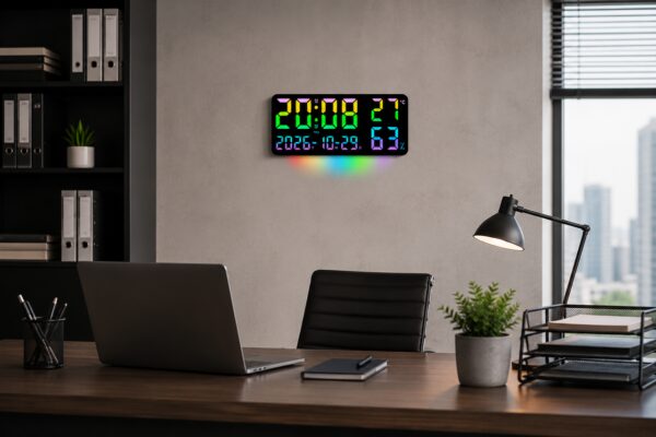 Часы GH0750 RGB настенные, настольные / часы с пультом на USB / Часы календарь, будильник, t°, влажность