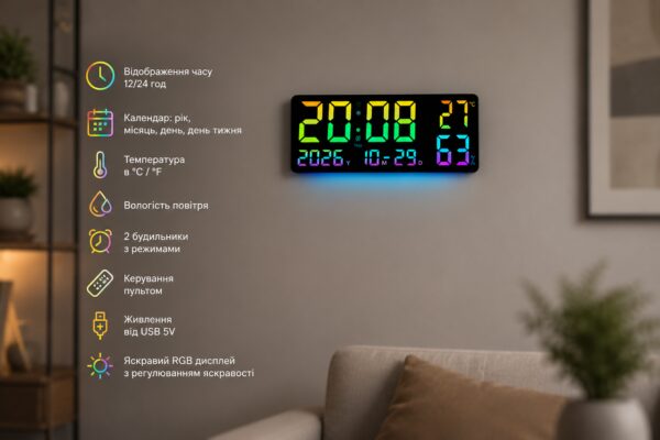 Часы GH0750 RGB настенные, настольные / часы с пультом на USB / Часы календарь, будильник, t°, влажность