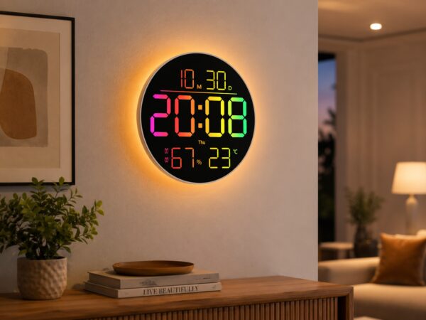 Часы настенные 6695R / Настенные часы круглые RGB с пультом / Календарь, температура, влажность