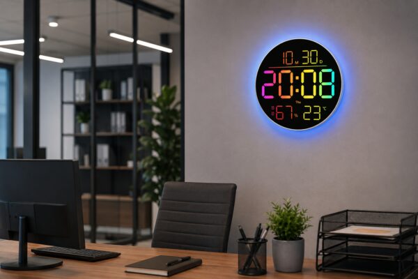 Часы настенные 6695R / Настенные часы круглые RGB с пультом / Календарь, температура, влажность