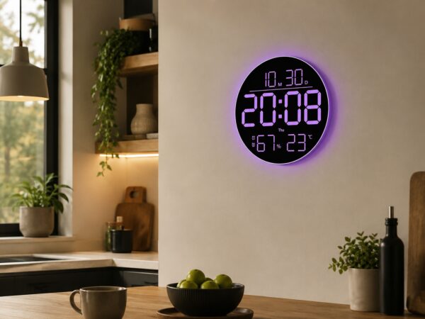 Часы настенные 6695R / Настенные часы круглые RGB с пультом / Календарь, температура, влажность