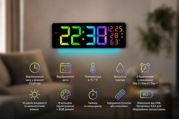 Настенные часы 6669R / Электронные LED-часы / RGB часы с пультом