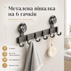 Вешалка на двери на присосках, 6 крючков, 38х12,5 см, Серая / Крючки с присосками / Вешалка с крючками
