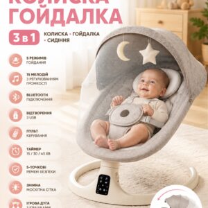 Колыбелька-качалка детская / Колыбельный центр-шезлонг 3 в 1 M06 с Bluetooth, музыкой и пультом управления