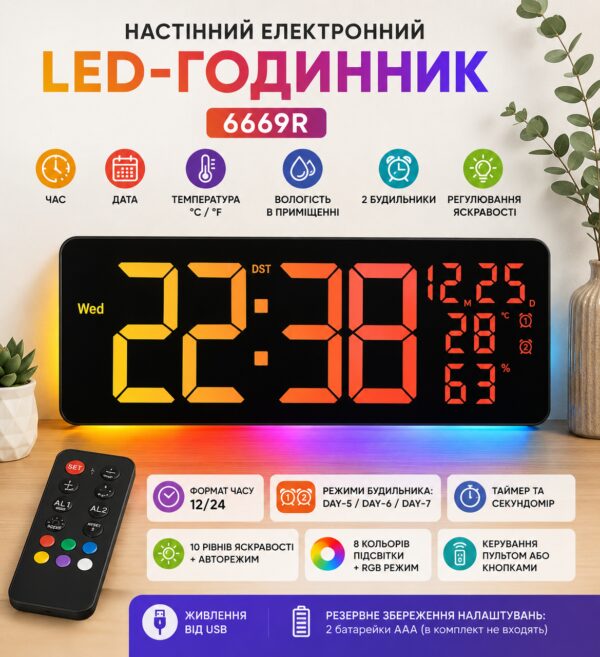 Настенные часы 6669R / Электронные LED-часы / RGB часы с пультом