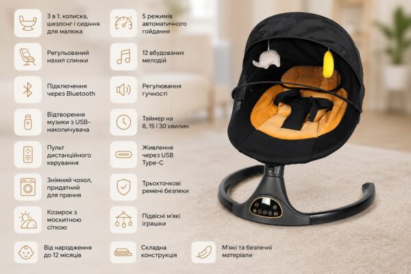 Колыбелька-качалка детская BYM518 / Колыбельный центр-шезлонг качания, Bluetooth, музыка
