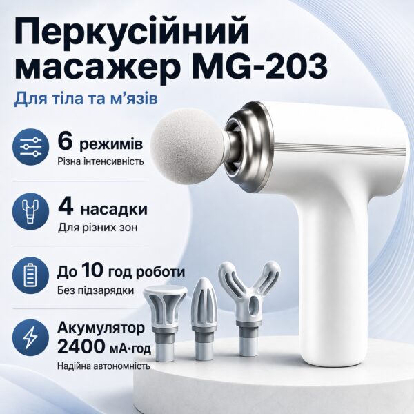 Портативный ручной массажер для тела + 4 насадки, Fascial MG-203 / Перкуссионный массажер / Массажер мышечный