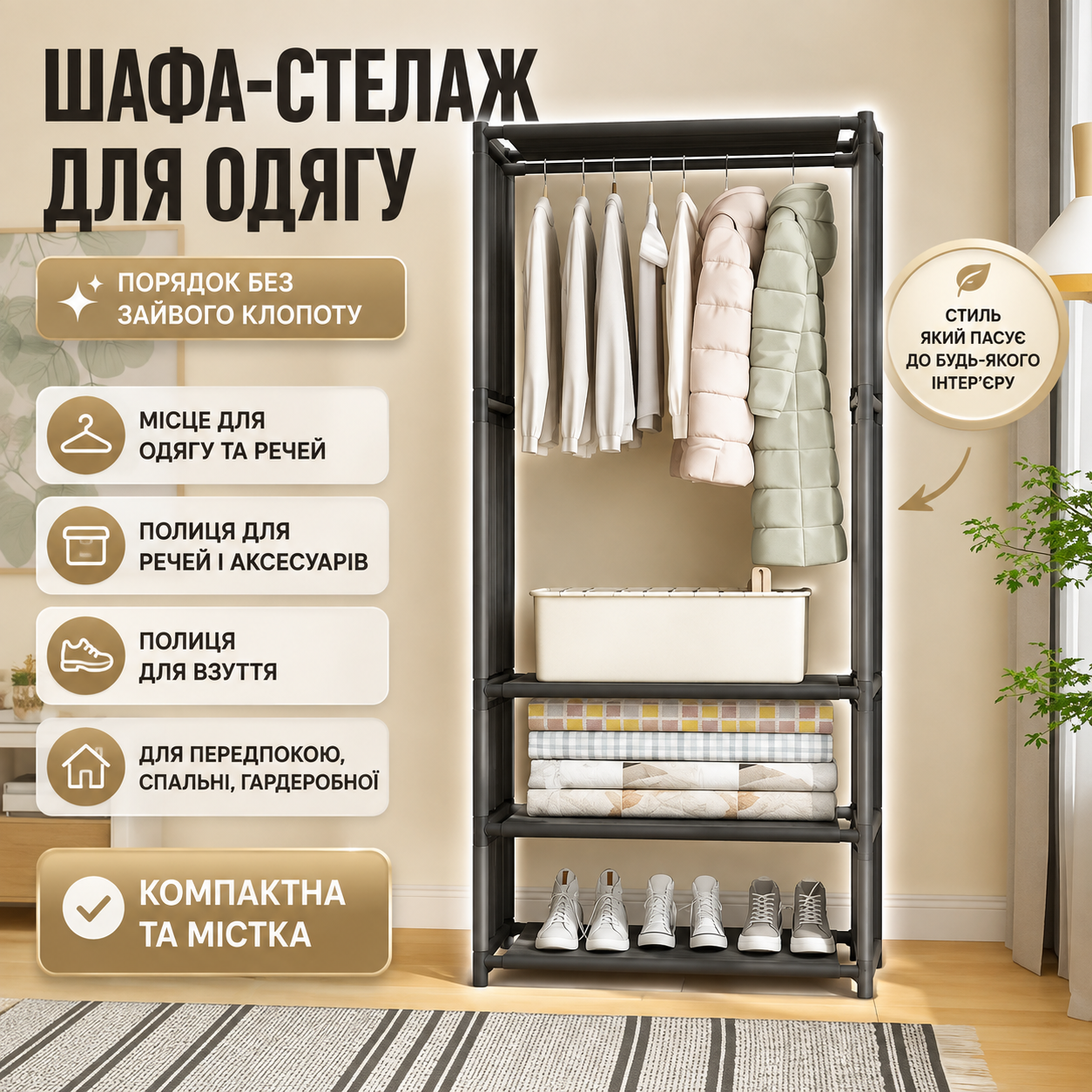 Раскладной шкаф-стеллаж RIAS YH7702-1 с полкой для обуви 170x60x36 см Black