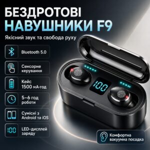 Беспроводные Bluetooth наушники F9, Черные / Сенсорные наушники с зарядным кейсом / Вакуумные блютуз наушники