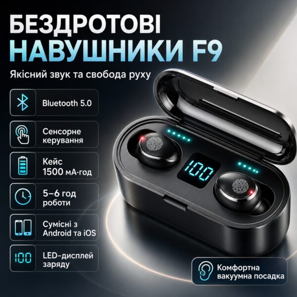 Беспроводные Bluetooth наушники F9, Черные / Сенсорные наушники с зарядным кейсом / Вакуумные блютуз наушники