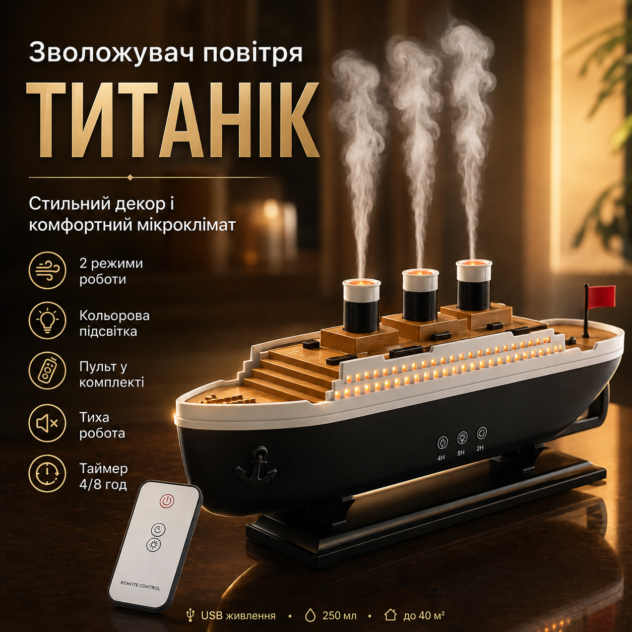 Увлажнитель воздуха Титаник 30см, 250мл, от USB, RGB / Увлажнитель аромадиффузор