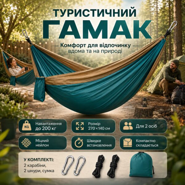 Туристический гамак двухместный, 270х140 см до 200 кг, Зеленый / Подвесной гамак для кемпинга / Нейлоновый гамак с карабинами