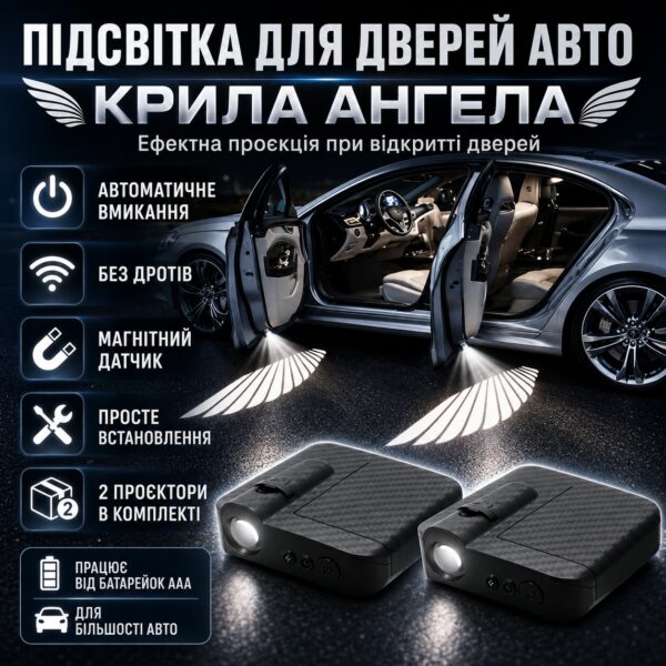 Проекционная подсветка для дверей автомобиля «Крылья Ангела» 2 шт с магнитным датчиком, беспроводные LED-проекторы на двери авто