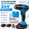 Шурупуверт с набором бит (22шт) в кейсе + 2 аккумулятора 24В, Синий / Аккумуляторный шуруповерт
