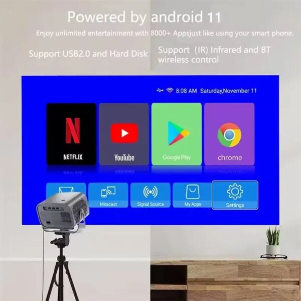 Портативный мультимедийный проектор 4K Android A10 с Wi‑Fi 2.4/5 ГГц, Bluetooth 5.2, автофокусом и автокоррекцией трапеции
