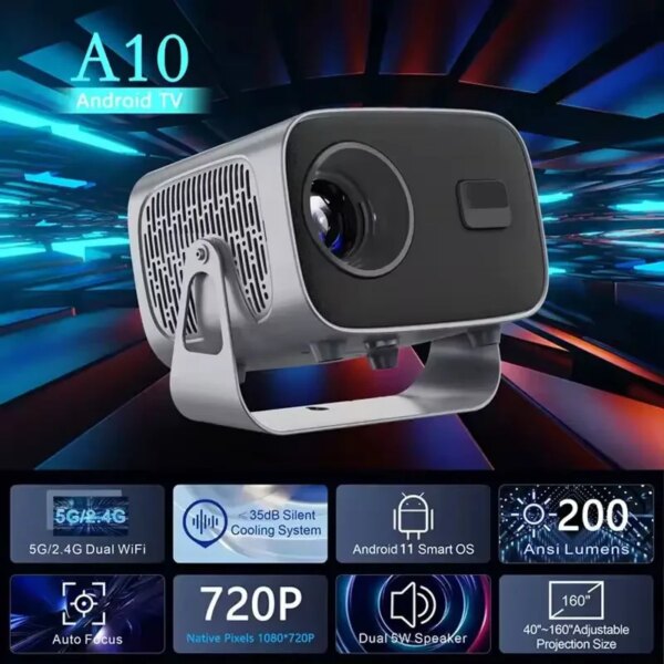 Портативный мультимедийный проектор 4K Android A10 с Wi‑Fi 2.4/5 ГГц, Bluetooth 5.2, автофокусом и автокоррекцией трапеции