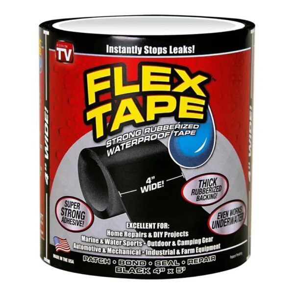 Водонепроницаемая изоляционная лента 200×10см, Flex Tape 2, Черный / Универсальный ремонтный скотч / Клейкая лента сверхпрочная
