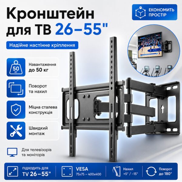 Кронштейн для телевизора 26-55", до 50кг, PT002, Черный / Поворотный кронштейн для телевизора / Крепление для телевизора