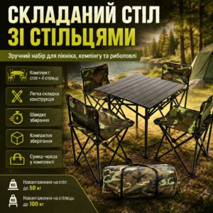 Складной стол для пикника 53х53х50см + 4 стула, Камуфляж / Стол и стулья для пикника / Туристический столик раскладной