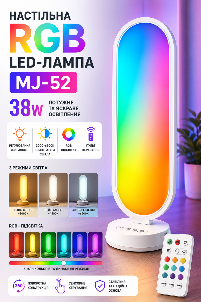 Светодиодная LED лампа Desktop Fill light MJ-52 CCT+RGB с пультом 3000-6500K (для блогеров и визажистов) (66,0*19,0cm)