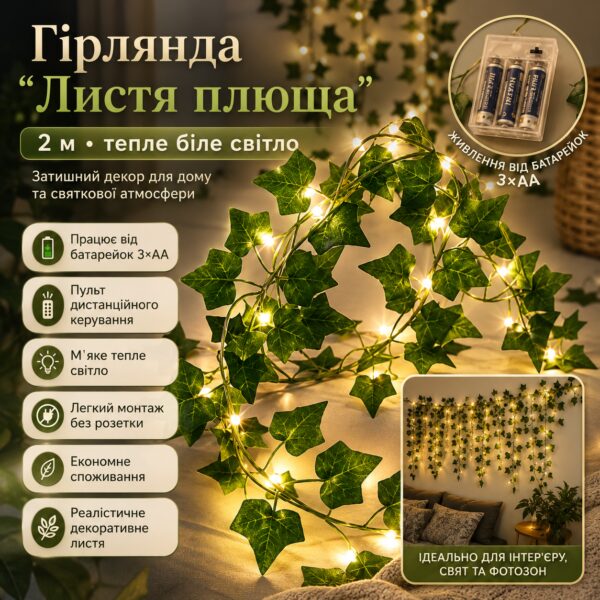 Гирлянда Листья плюща на батарейках 2м, Теплый белый / Декоративная гирлянда из листьев /Гирлянда лоза штучная