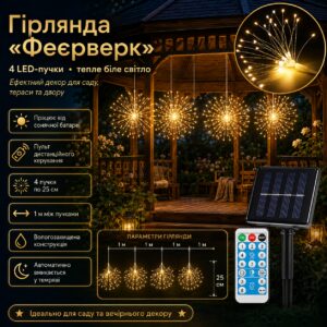 Садовая гирлянда на солнечной батарее Фейерверк + пульт, 4 пучка, Теплый белый / Уличная гирлянда для сада