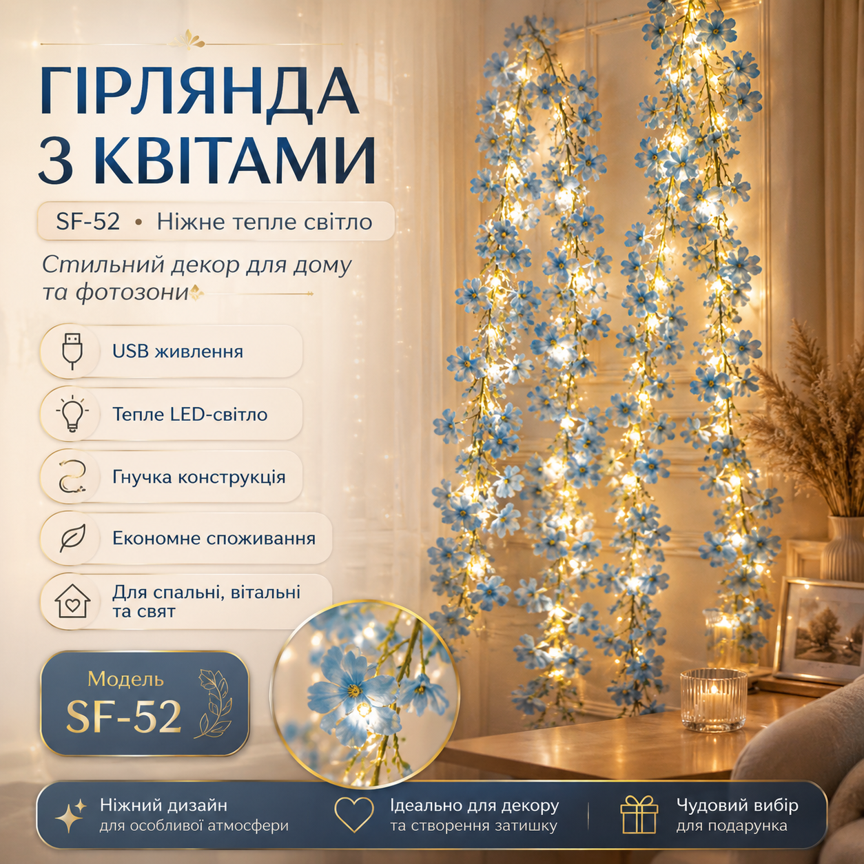 Гирлянда Цветок USB AND SF-52 голубых цветка, теплый свет
