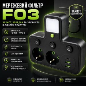 Сетевой фильтр с подсветкой 2500Вт, 2 розетки, 2хUSB + Type-C, HG-275, Черный / Разветвитель в розетку / Сетевой тройник
